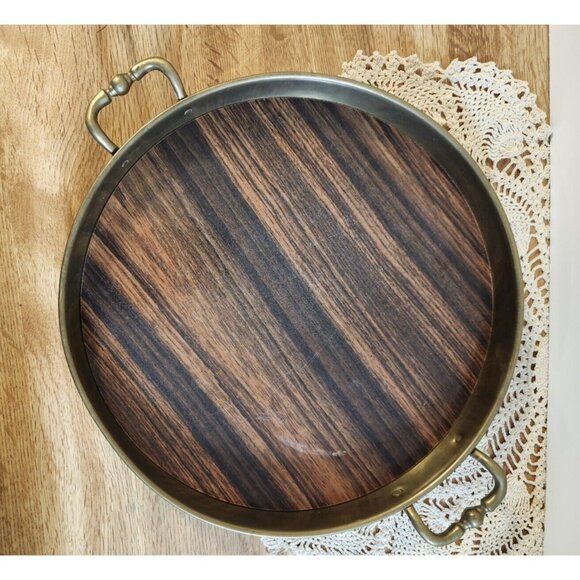 MCM Brass Handled Tray Faux Wood Laminate 11" Round Vintage - Picture 4 of 9